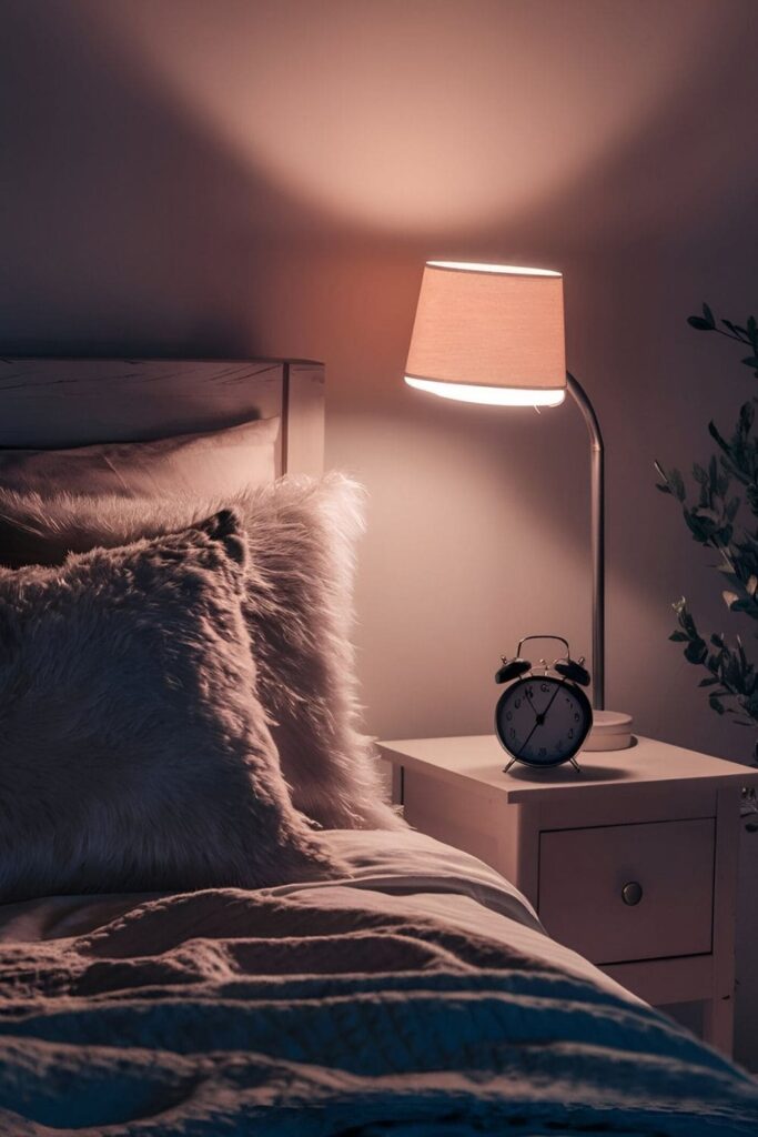 A peaceful bedroom at night, featuring a neatly made bed with soft pillows, a blanket, and an alarm clock showing a time set for 7-9 hours of sleep