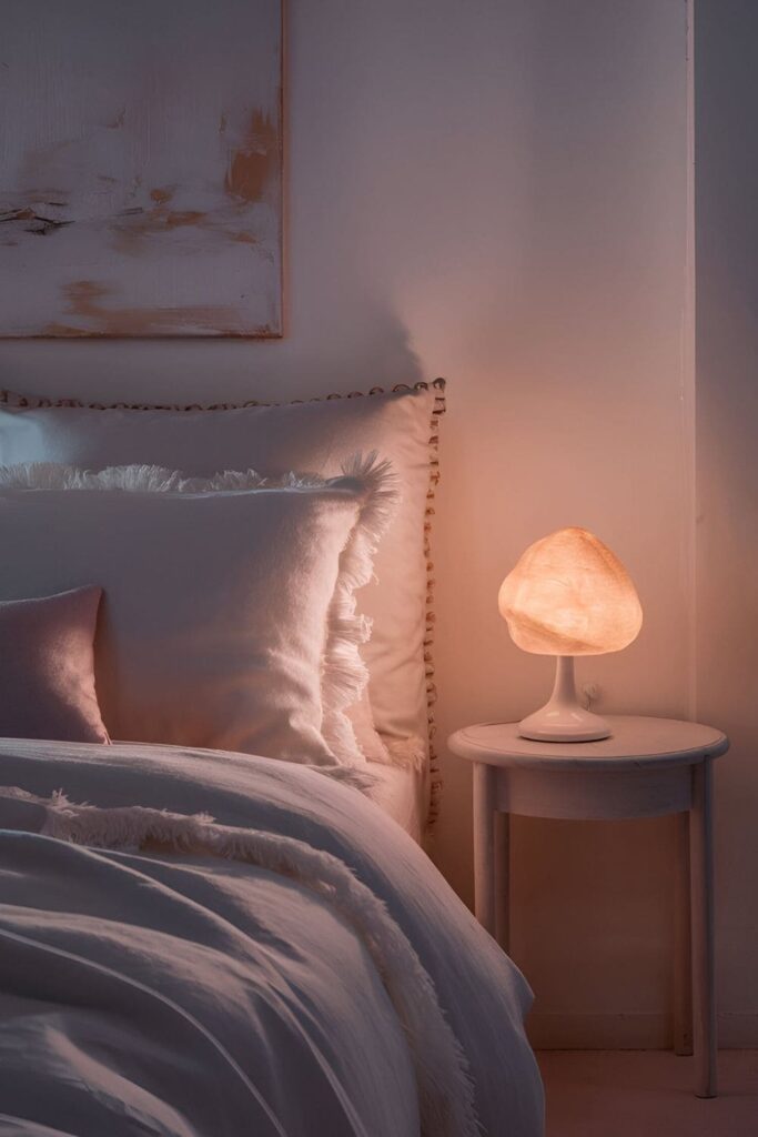 A peaceful bedroom scene featuring a neatly made bed with a soft white pillow and a bedside table with a calming night lamp