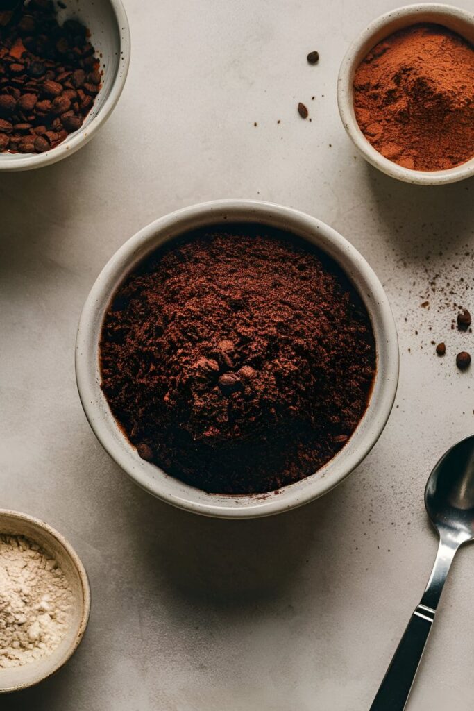 A rich, chocolate-colored mixture of coffee grounds and cocoa powder in a small bowl, with a splash of milk being poured in. Cocoa powder and coffee beans are sprinkled around