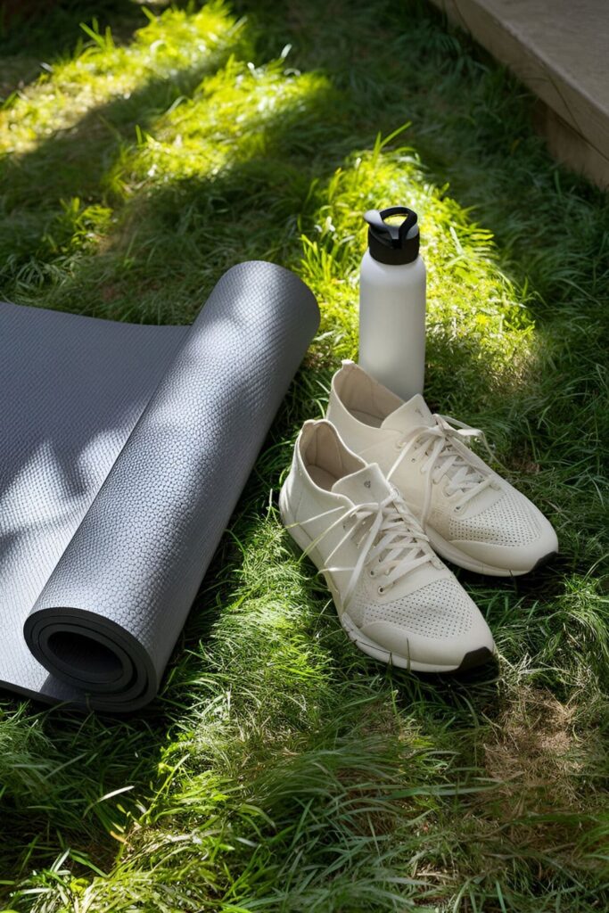 A rolled-up yoga mat beside lightweight sneakers and a water bottle on a grassy surface, with sunlight filtering through trees in the background