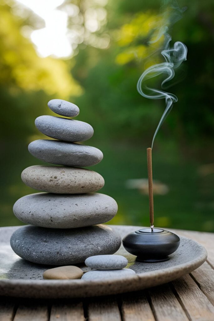 A serene arrangement of meditation stones stacked in an outdoor setting, with a small incense burner releasing a gentle wisp of smoke