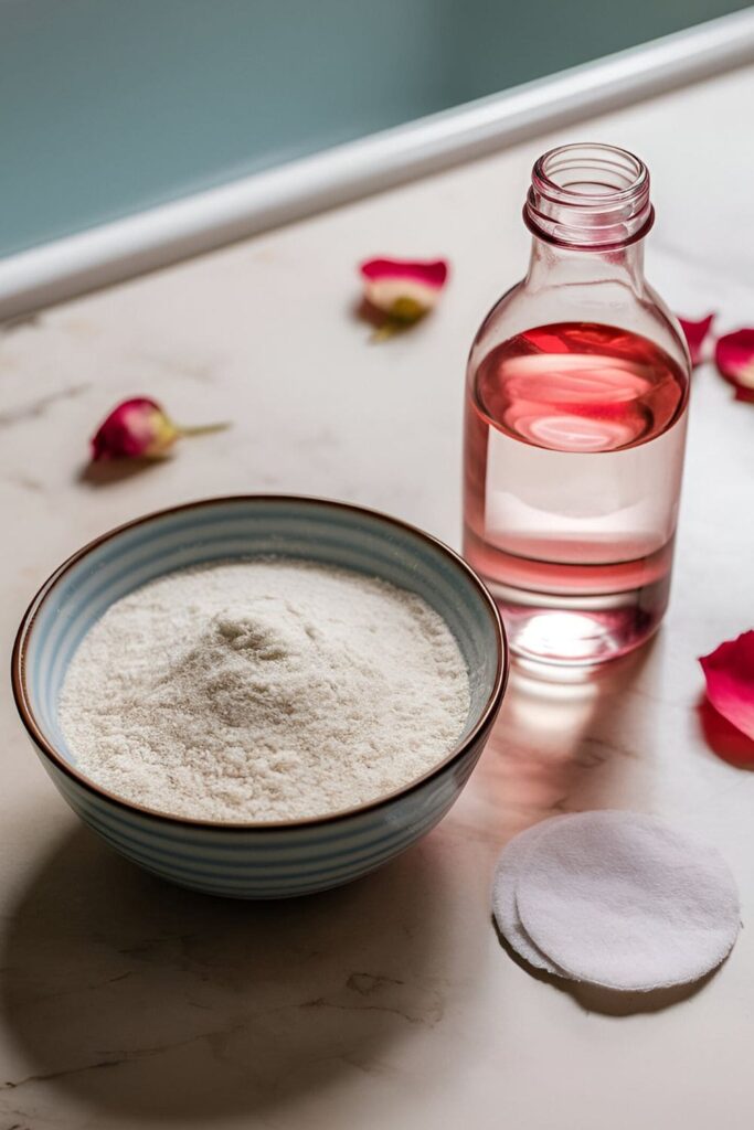 A small bottle of rice flour and rose water toner, with rose petals and a bowl of rice flour beside it on a clean, white surface