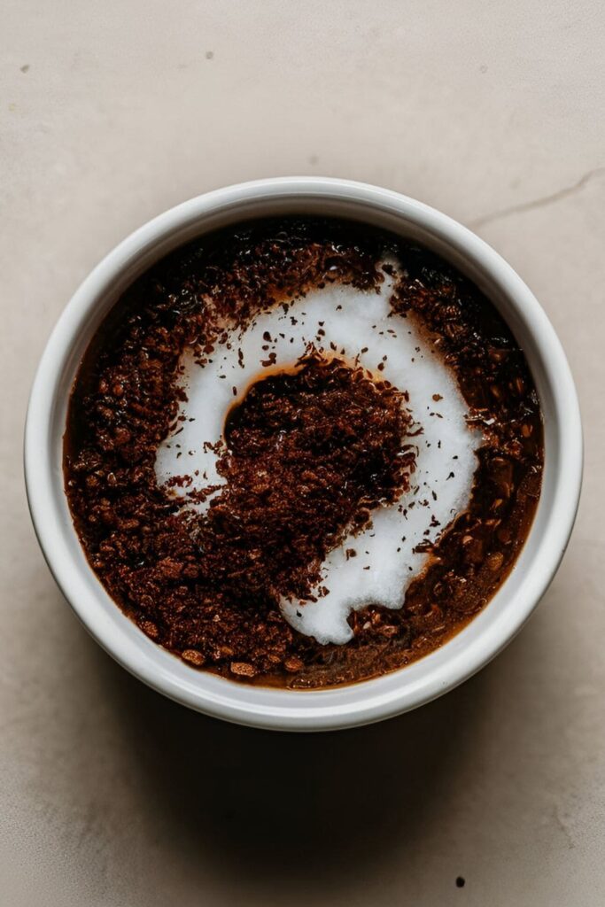 A small bowl filled with a grainy mixture of ground coffee and coconut oil, with coffee beans scattered around on a white surface