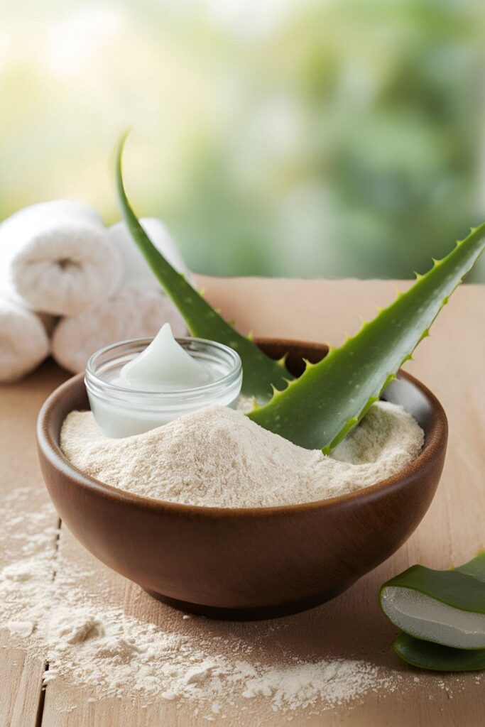 A small bowl of rice flour and aloe vera gel mixture, with a fresh aloe vera leaf sliced open next to it on a clean, green-tinted surface