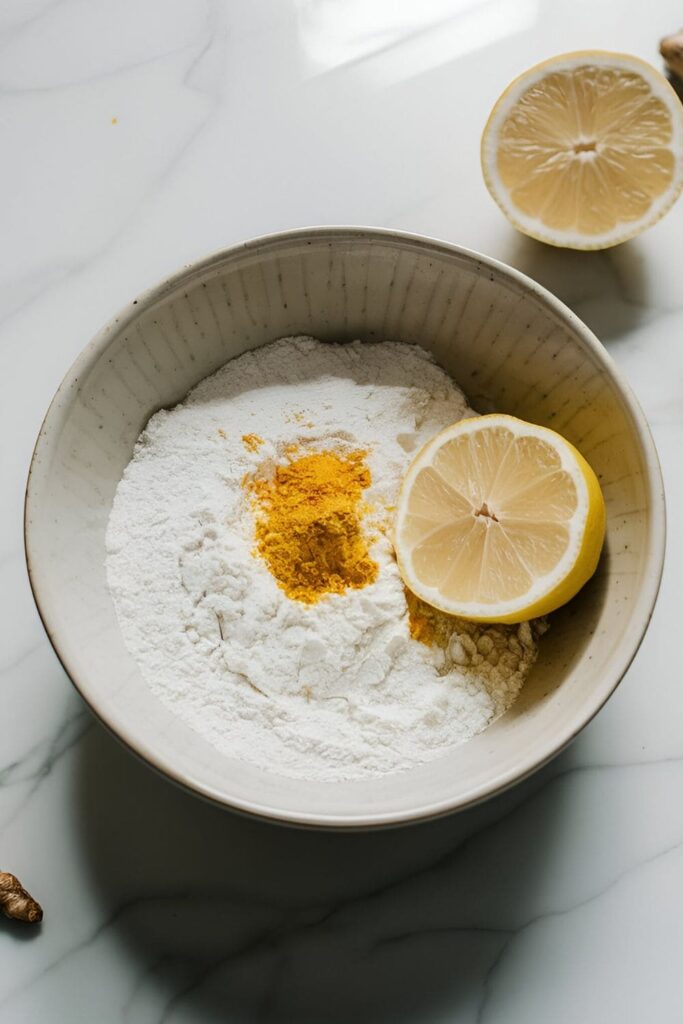 A small bowl of rice flour, turmeric, and lemon juice mixture, with a sliced lemon and turmeric root beside it on a white background