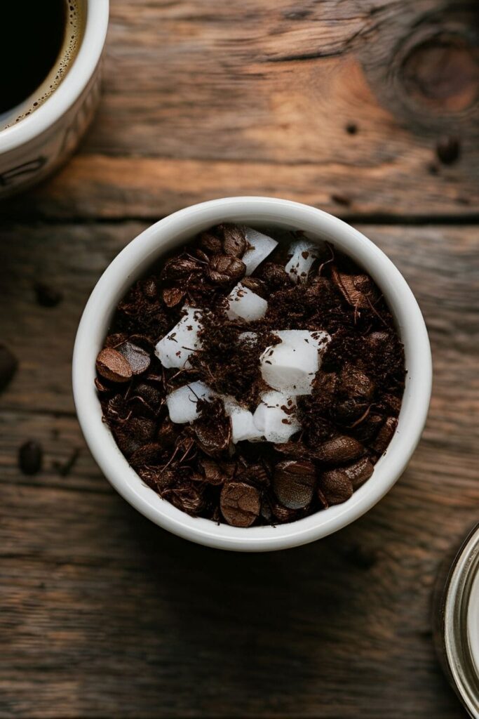 A small bowl of used coffee grounds mixed with coconut oil on a rustic wooden surface, with a nearby cup of coffee and a small jar of coconut oil