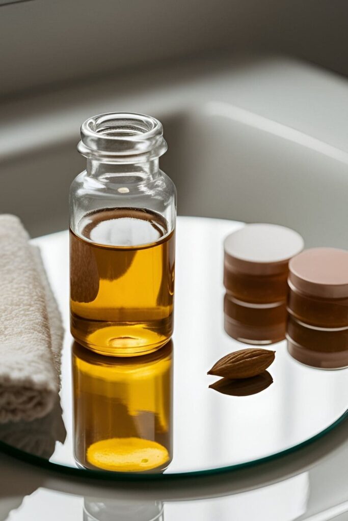 A small glass bottle of almond oil placed on a vanity beside a few drops of oil on a clean surface, with soft cloth and cosmetic jars nearby