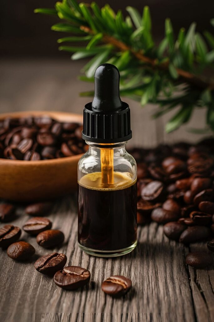 A small glass dropper bottle containing a mix of brewed coffee and tea tree oil, with the dropper releasing a drop of the mixture. Coffee beans and a tea tree branch are in the background