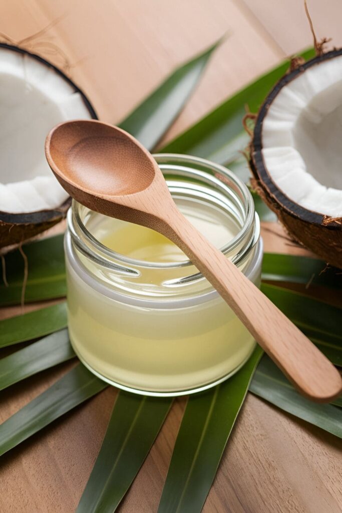 A small jar of coconut oil with a wooden spoon resting on top, surrounded by coconut halves and green leaves on a wooden surface