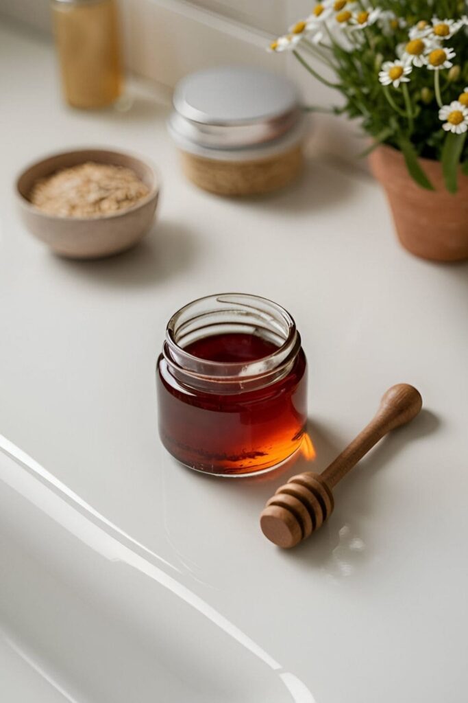 A small jar of honey with a wooden honey dipper on a clean, white bathroom counter, with natural skincare items like oats and chamomile flowers nearby