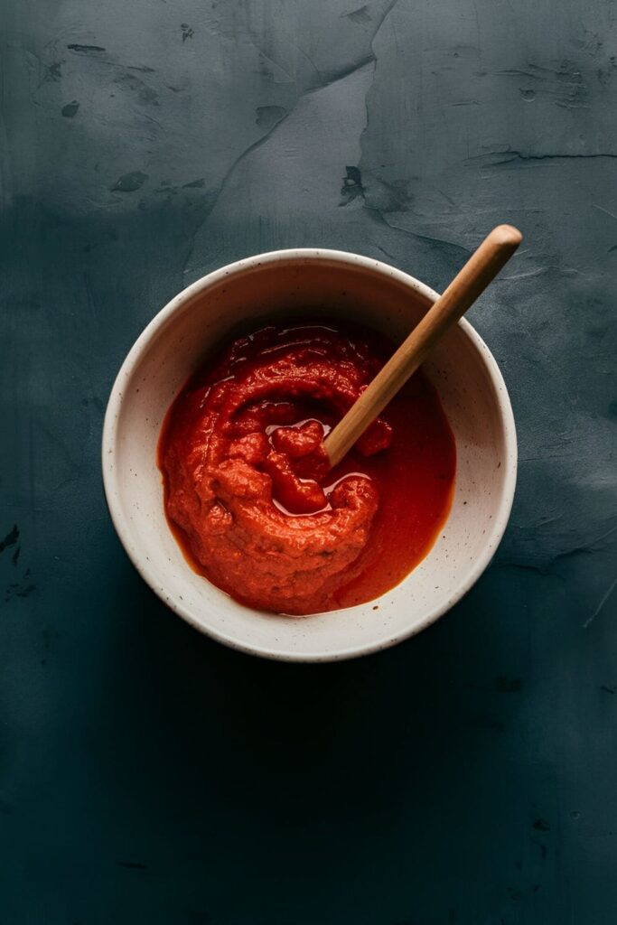 A smooth paste made from blended tomatoes and aloe vera in a small bowl, with fresh tomato slices and aloe vera leaves arranged around it