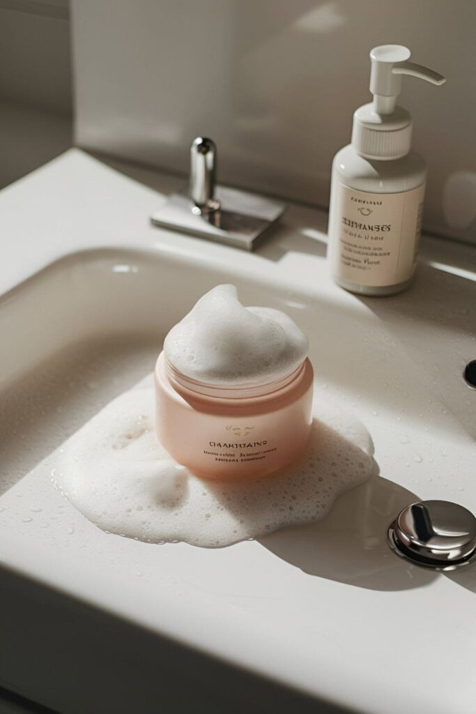 A soft, foamy cleanser on a clean white bathroom sink, with water droplets and a gentle cleanser bottle nearby