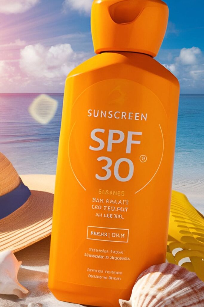 A sunscreen bottle labeled SPF 30 standing on a sandy beach with seashells, a sun hat, and a bright, clear sky in the background