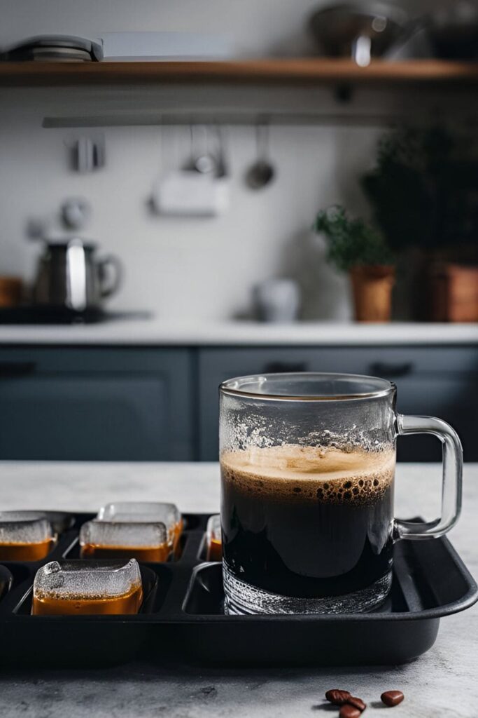 A tray of ice cubes made from frozen coffee, with a few cubes slightly melted. Coffee beans are scattered around on a reflective surface