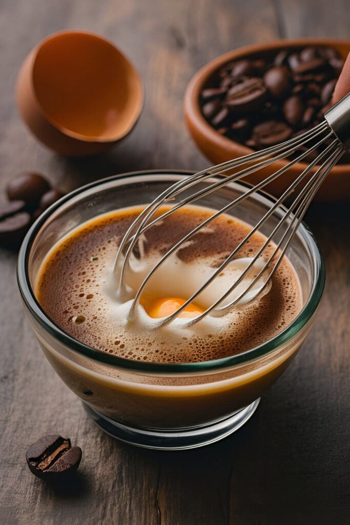 A whisked, frothy egg white mixed with coffee grounds in a small glass bowl, with a whisk beside it. A cracked egg and coffee beans are in the background