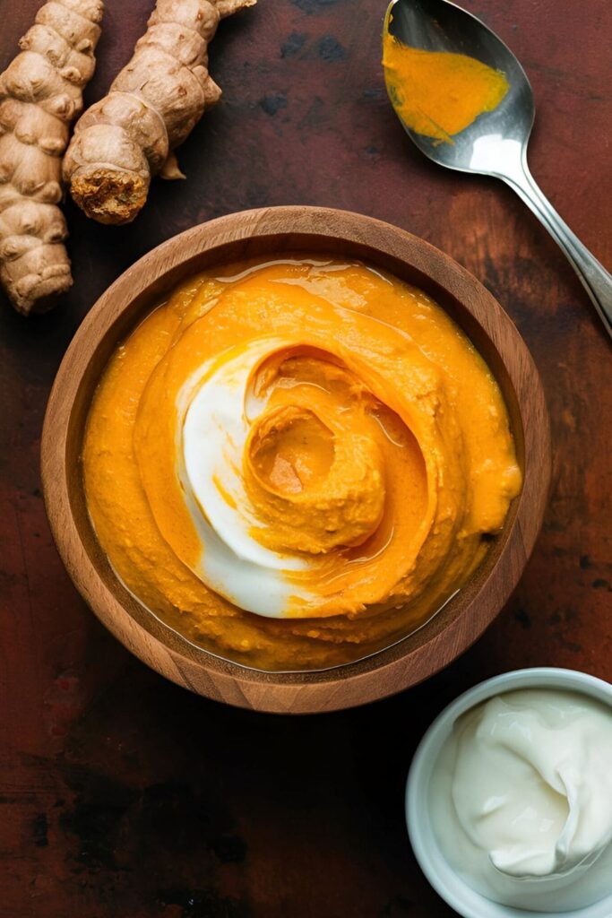 A wooden bowl containing a thick turmeric and yogurt paste, placed beside turmeric roots, a spoon, and a small dish of yogurt