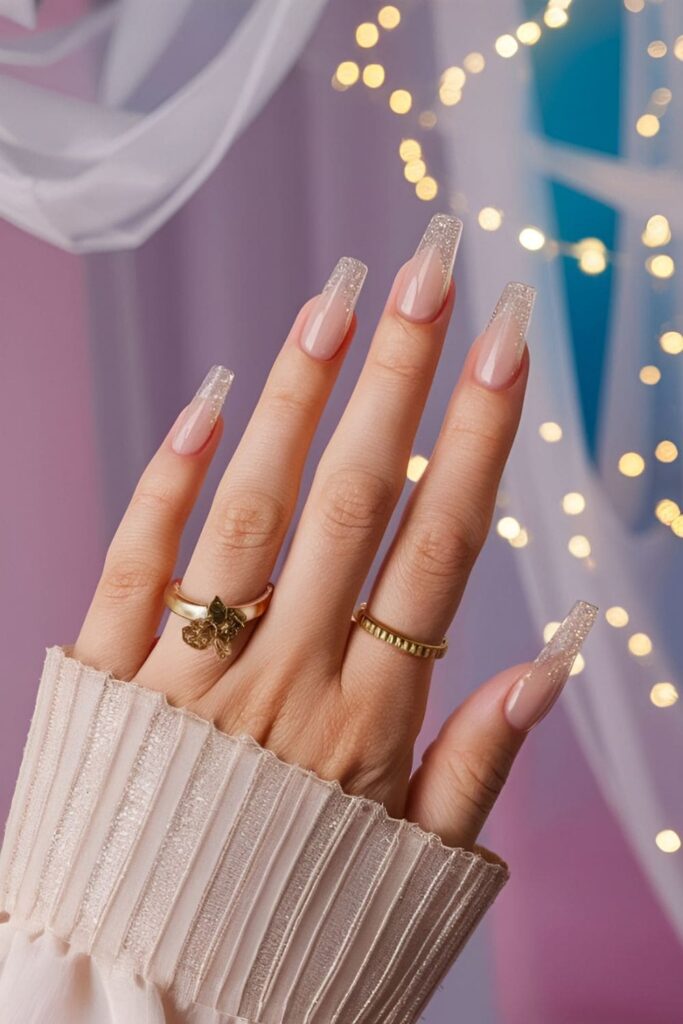 Acrylic nails with a sheer base and a hint of glitter for a delicate, ethereal look