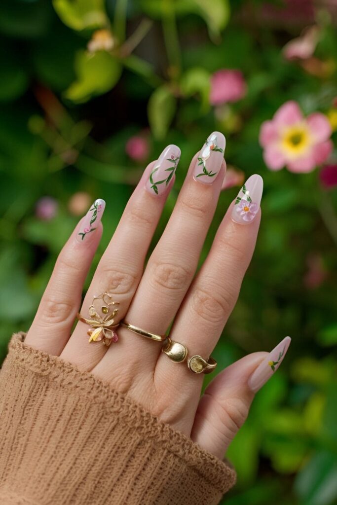 Acrylic nails with detailed paintings of leaves, flowers, and vines for a nature-inspired look