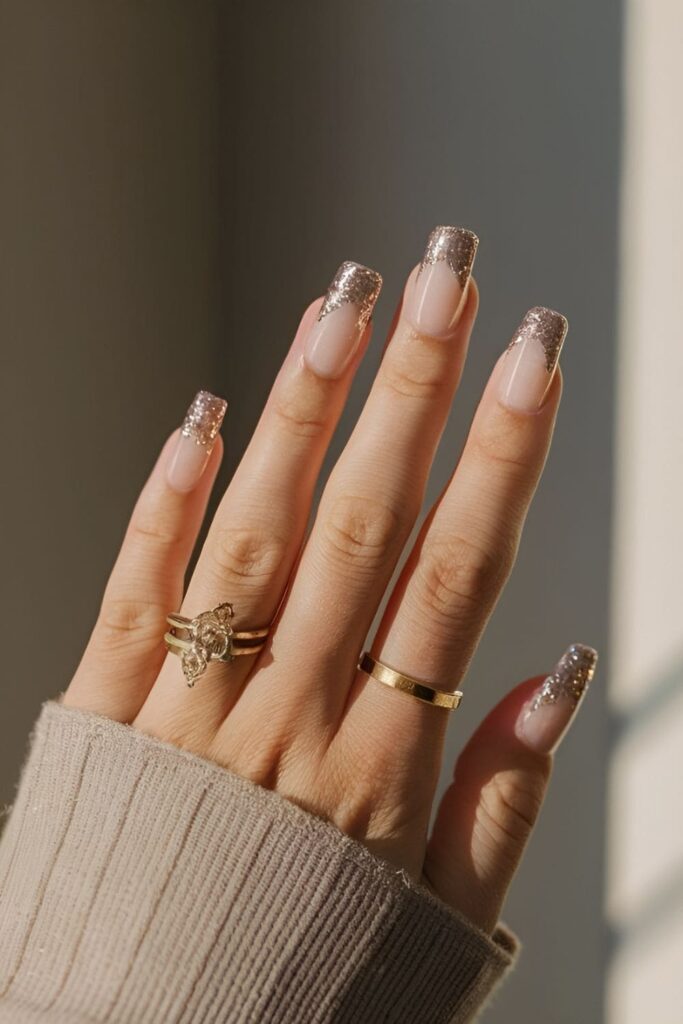 Acrylic nails with glitter applied just to the tips for a subtle, festive detail