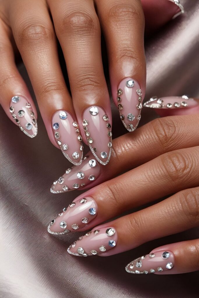 Acrylic nails with small rhinestones or crystals strategically placed to create patterns