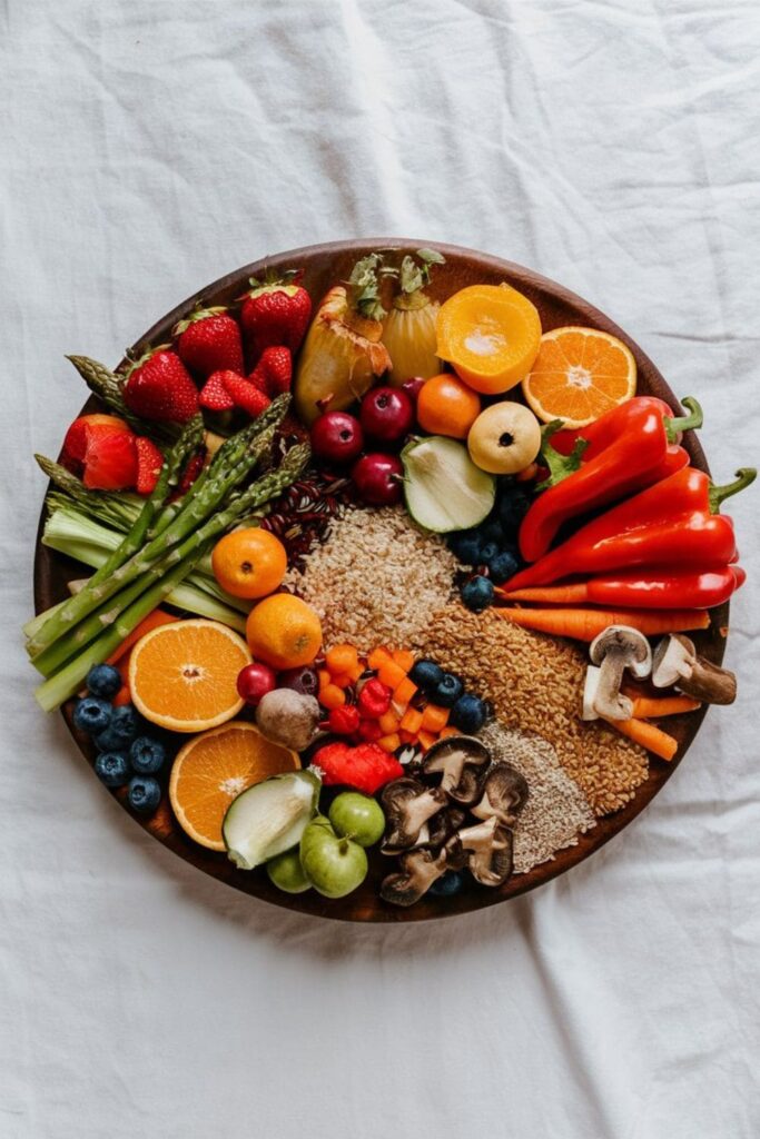 Assortment of colorful fruits vegetables and whole grains on a wooden kitchen countertop