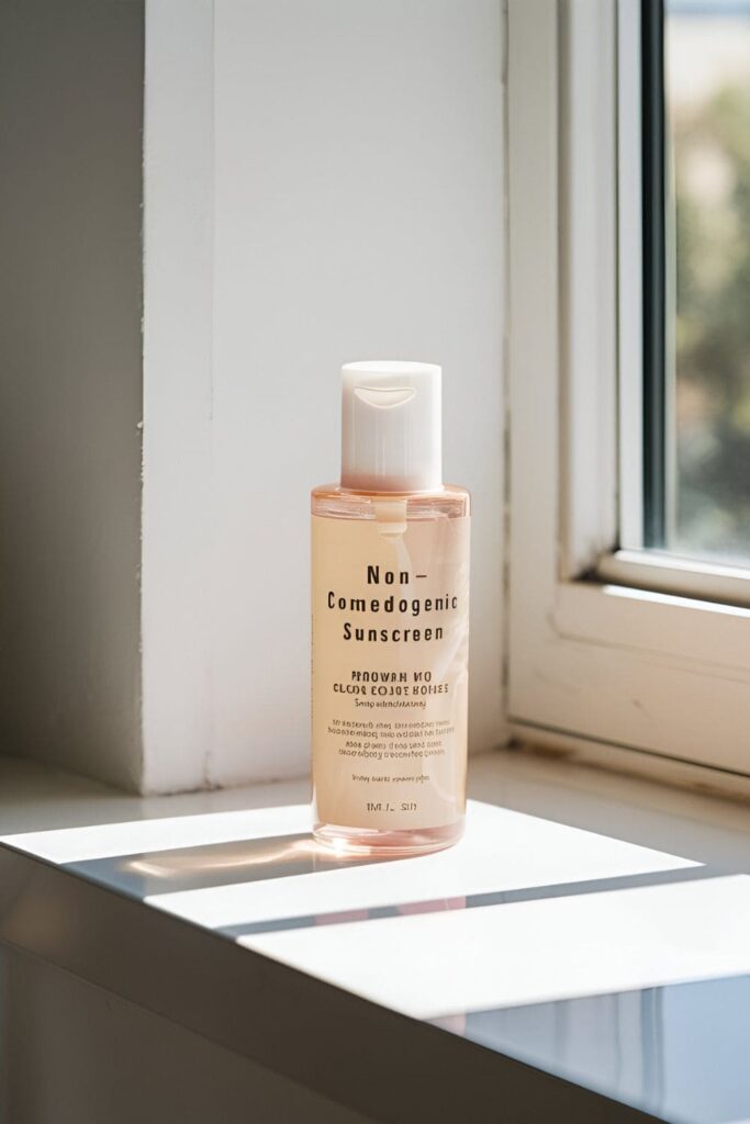 Bottle of non-comedogenic sunscreen on a white surface with sunlight streaming through a window