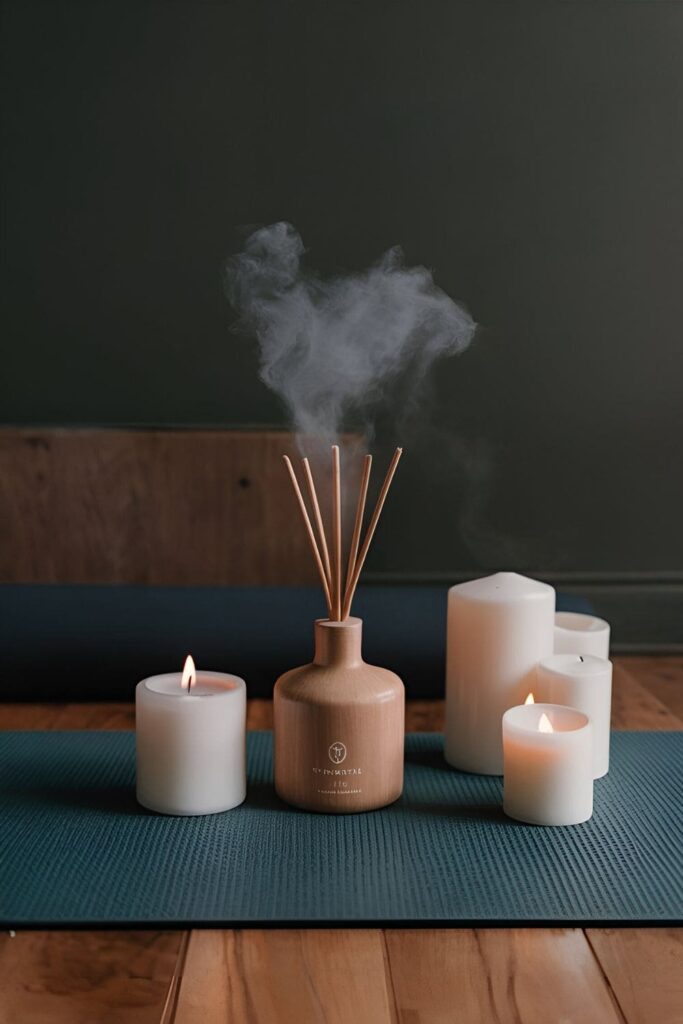 Calming scene with yoga mats candles and a diffuser emitting a relaxing aroma