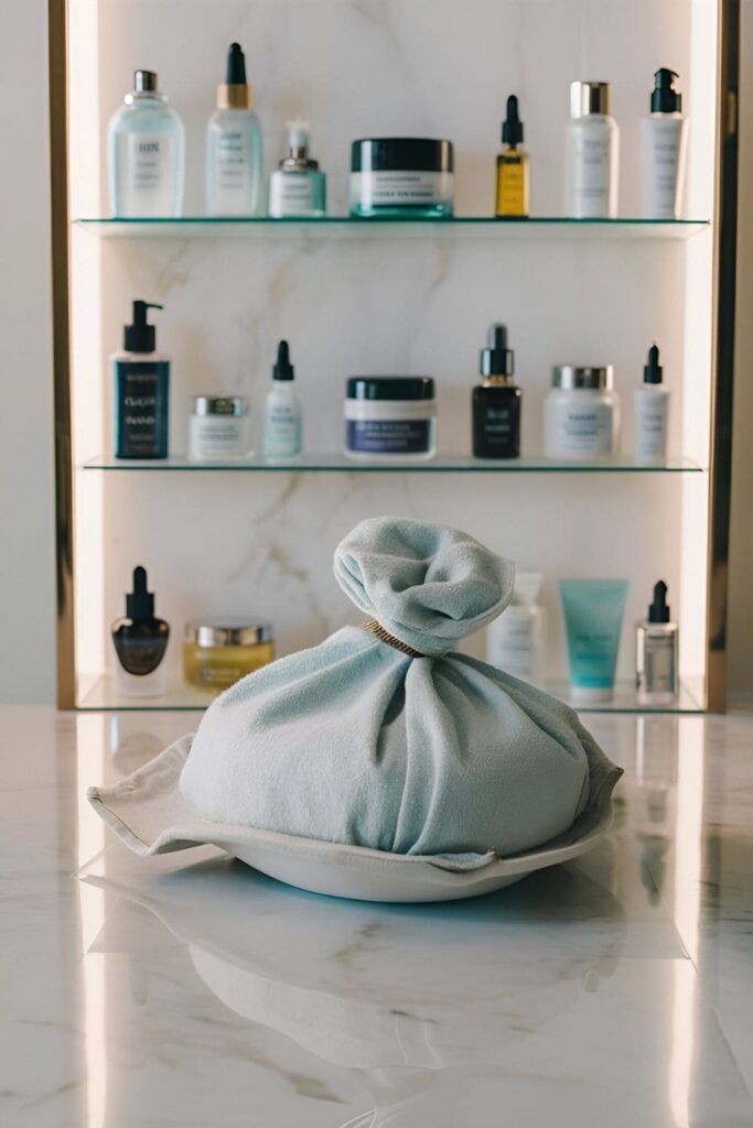 Cloth-wrapped ice pack on a marble countertop with skincare products in the background