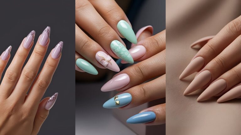 Collage of 3 images of Short stiletto nails