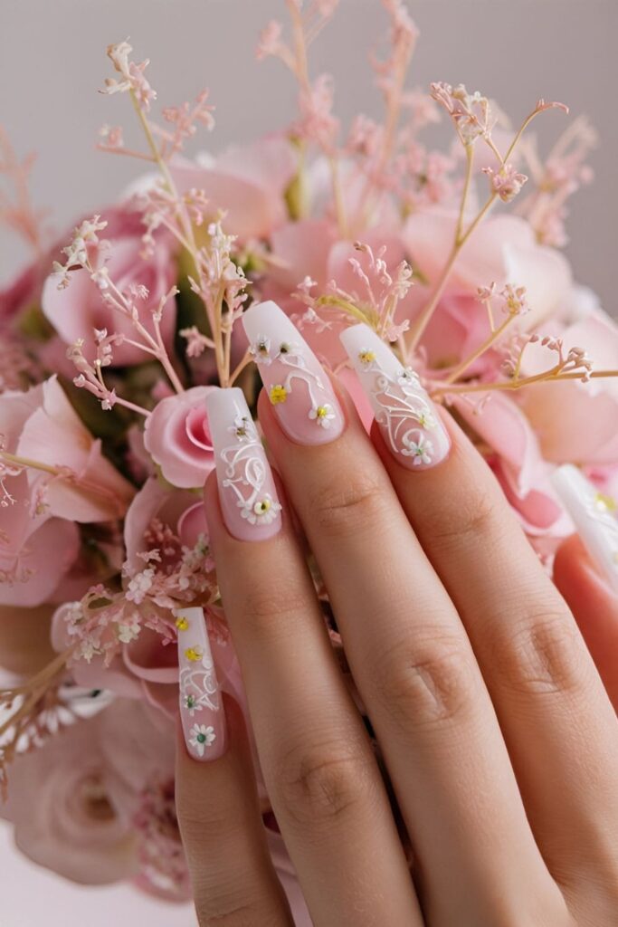 Delicate floral acrylic nail designs with small, painted or 3D floral embellishments