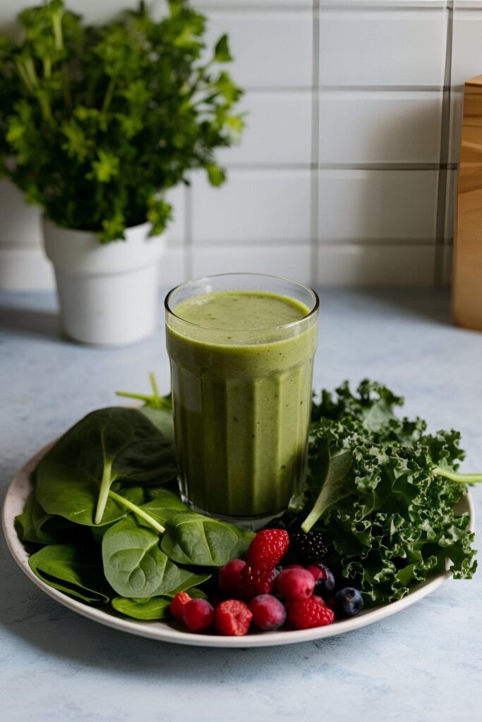 Green smoothie in a glass surrounded by fresh spinach kale and berries on a kitchen counter