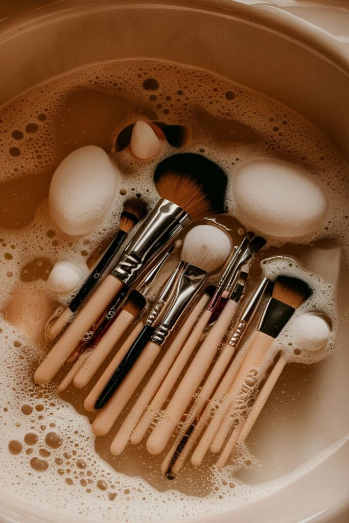 Makeup brushes and sponges being cleaned with a gentle cleanser in a sink