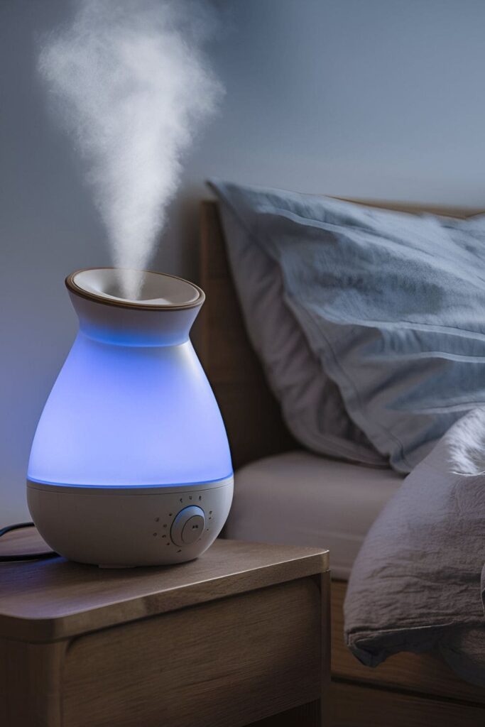 Modern humidifier on a nightstand next to a bed with soft ambient lighting