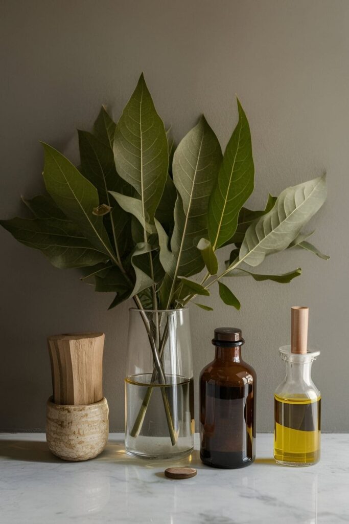 Neem leaves and bottles of neem oil next to a bowl of neem powder and a traditional mortar and pestle