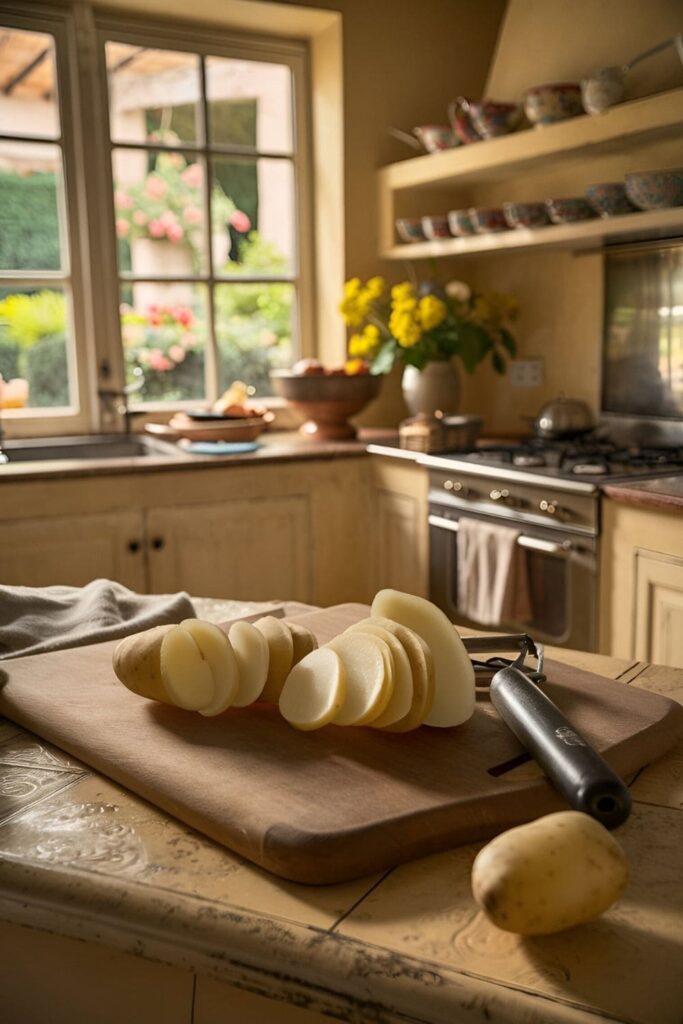 Peeled raw potato slices on a cutting board with a potato peeler and a small bowl of potato juice