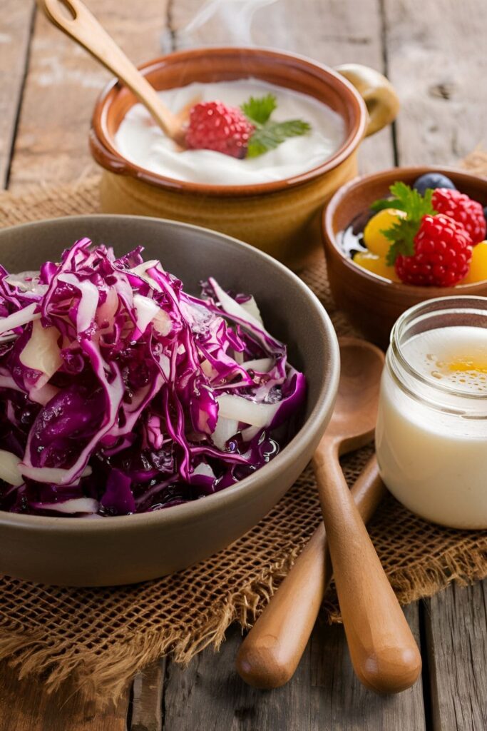 Probiotic-rich foods like yogurt kefir and sauerkraut displayed on a rustic wooden table