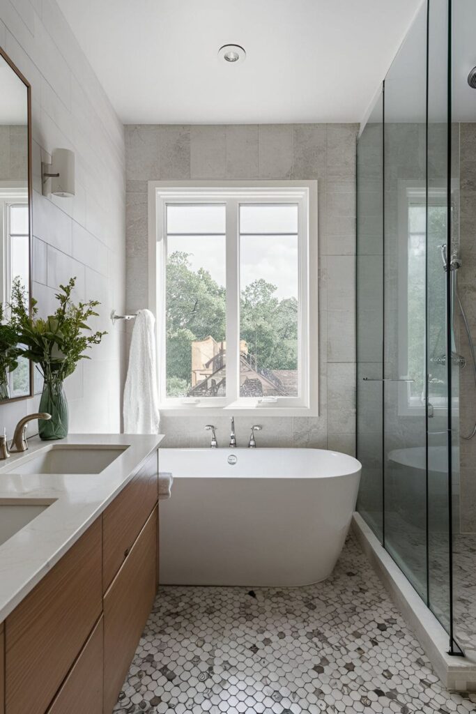 Refreshing shower scene with water droplets and steam in a clean serene bathroom