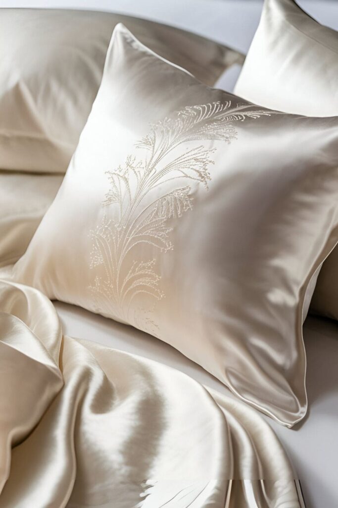 Silk pillowcase draped over a pillow with a clean fresh bed in the background