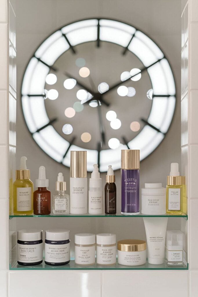 Skincare products neatly organized on a bathroom shelf with a clock in the background