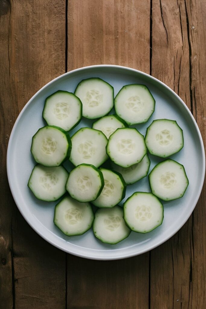 Sliced cucumbers on a white plate with cucumber slices floating in a glass of water