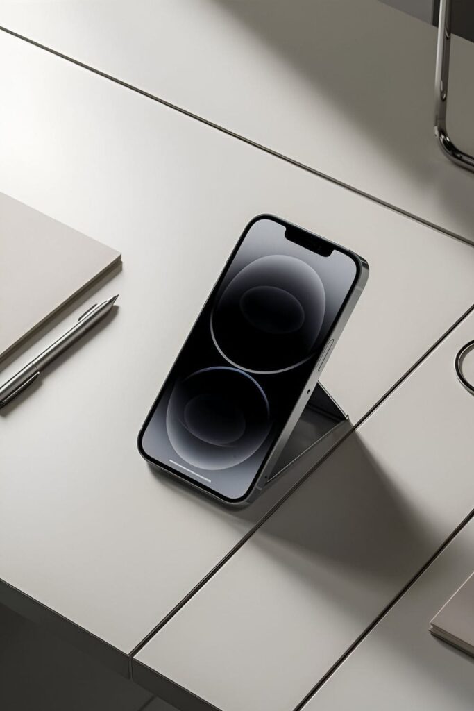 Smartphone being wiped with a disinfectant wipe on a clean minimalistic desk