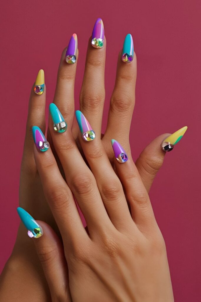 Trendy matte finish acrylic nails with vibrant colors and rhinestones, providing a unique contrast and eye-catching appeal