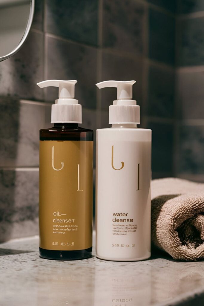 Two cleanser bottles, one oil-based and one water-based, side by side on a bathroom counter with a neatly folded towel beside them