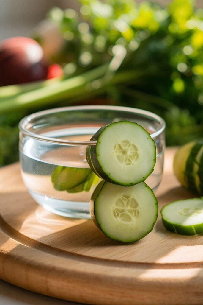 Two cucumber slices on a wooden cutting board, accompanied by a small bowl of ice water in a sunlit kitchen with fresh vegetables and herbs