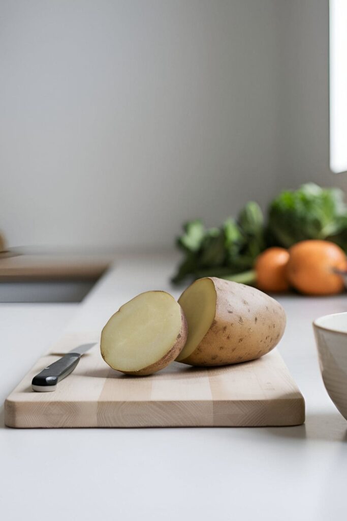 Two raw potato slices on a clean wooden board with a small knife and a bowl of water, set in a minimalist kitchen with natural light and fresh vegetables