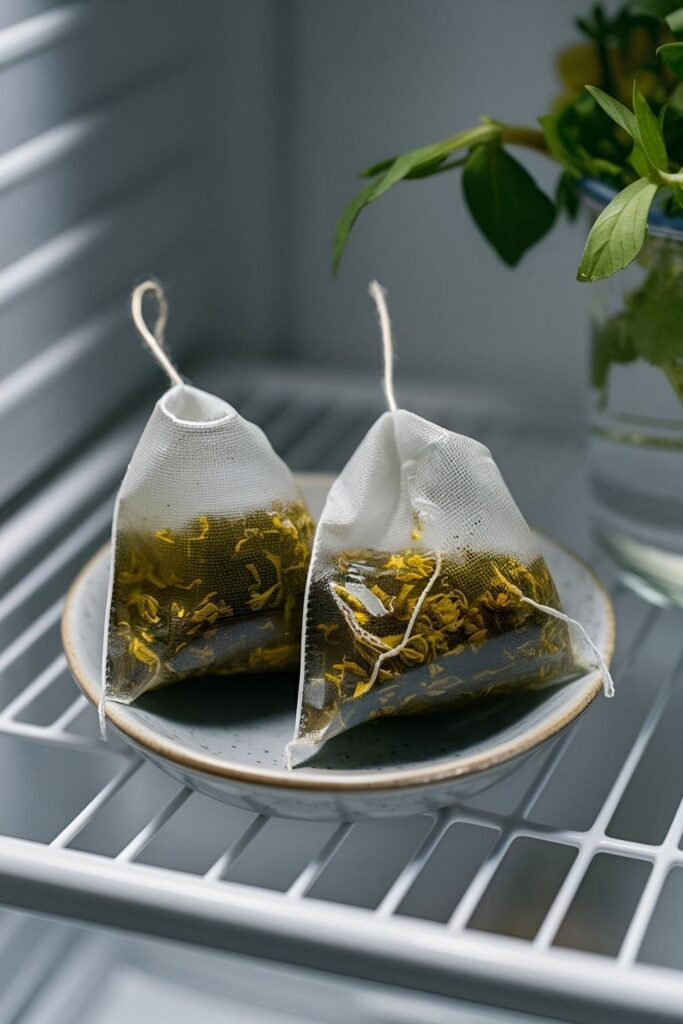 Two used tea bags cooling on a small dish in a refrigerator, surrounded by a clean, organized shelf with a pitcher of water and fresh herbs