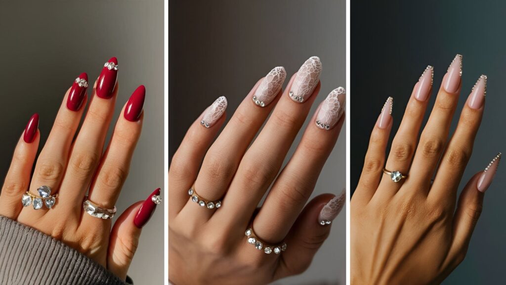 collage of three images of acrylic nails with rhinestones