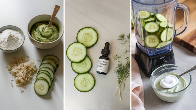 collage of three images of skincare with cucumber