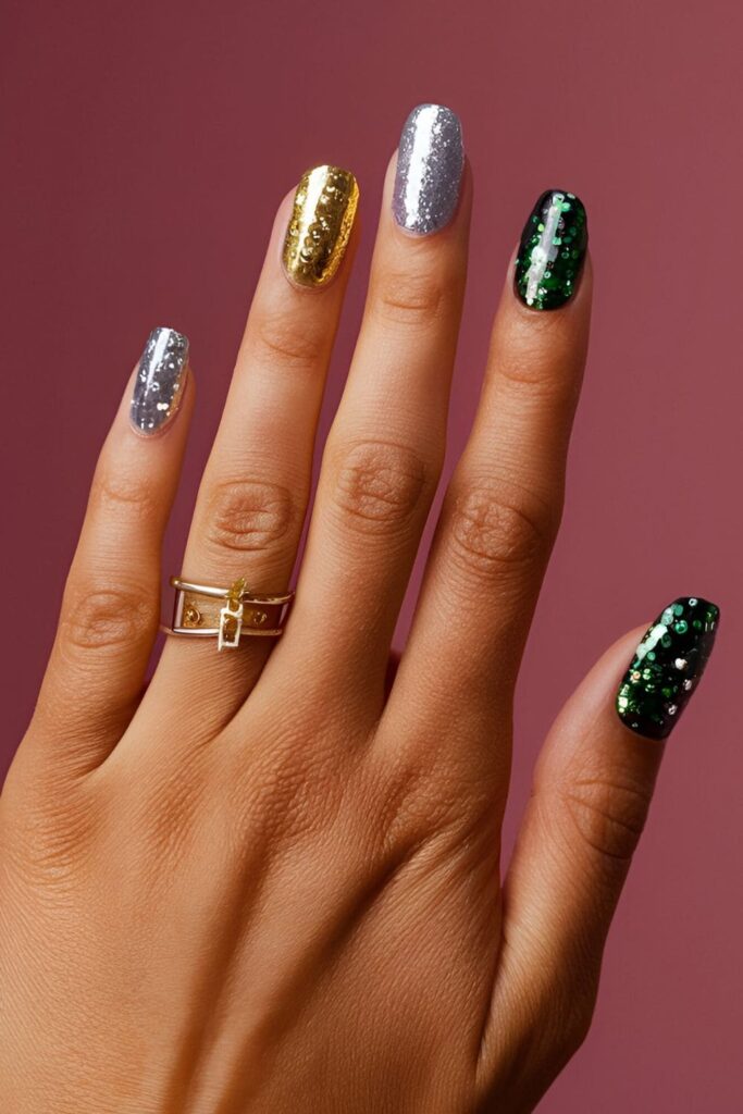 Acrylic nails covered in glitter, with gold, silver, and green glitter accents creating a shiny, glamorous look