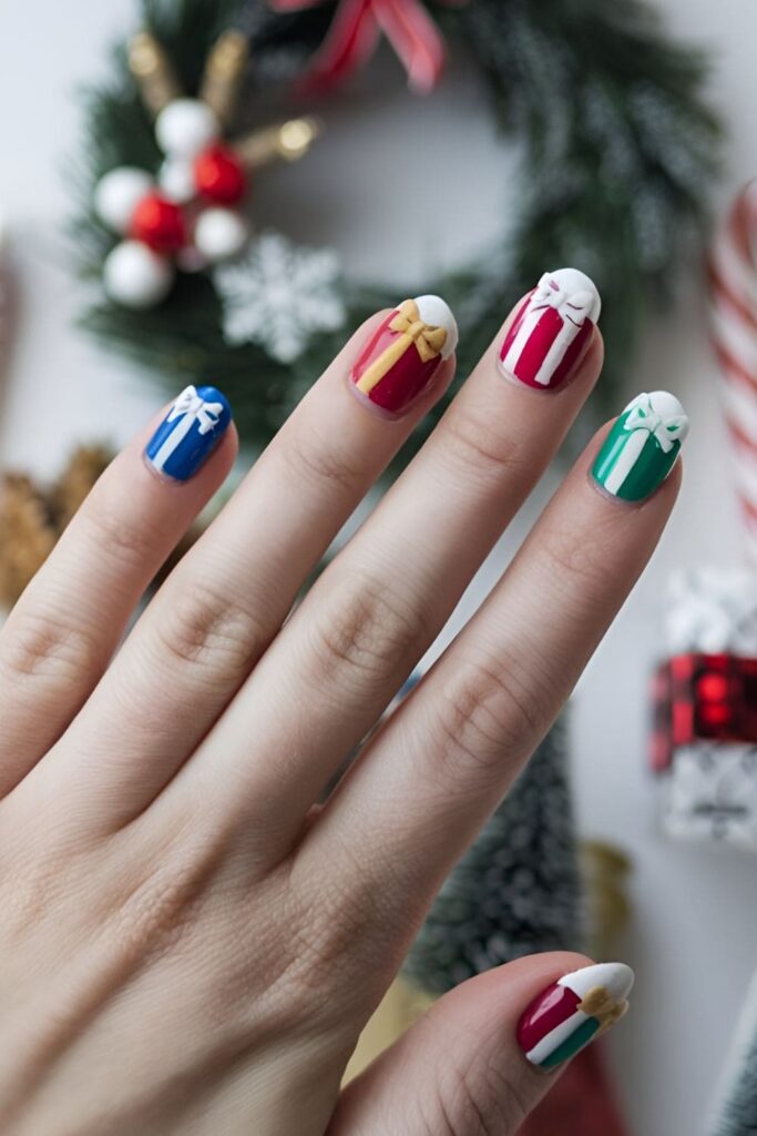 Acrylic nails designed to look like wrapped Christmas presents, each with colorful wrapping paper and a bow